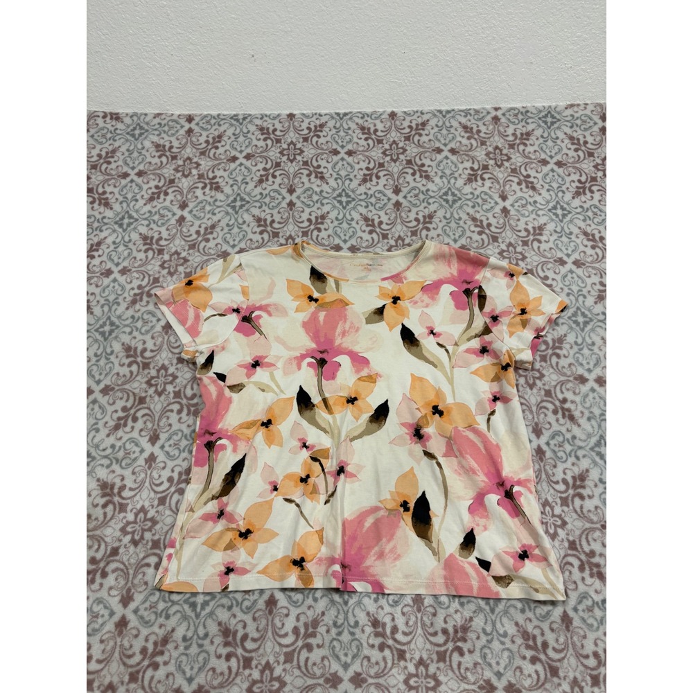 Croft & Barrow Womens XL Pink Orange Floral Short Sleeve Crewneck T-Shirt Tee